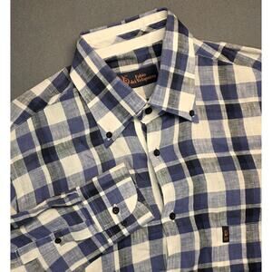 Fabio dei Velapazza Mens Sz Large Italian Linen Long Sleeve Button-up Blue Plaid